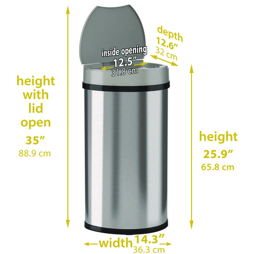 Sensor Trash Can, Half-Round Cylinder, 13 gal, Plastic/Stainless Steel, Silver