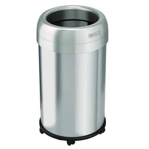 Open Top Trash Can with Wheels, Round, 13 gal, Plastic/Stainless Steel, Silver