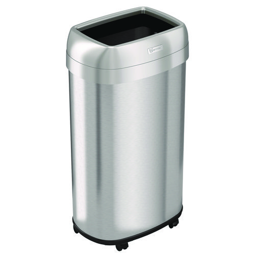 Open Top Trash Can with Wheels, Oval, 16 gal, Plastic/Stainless Steel, Silver