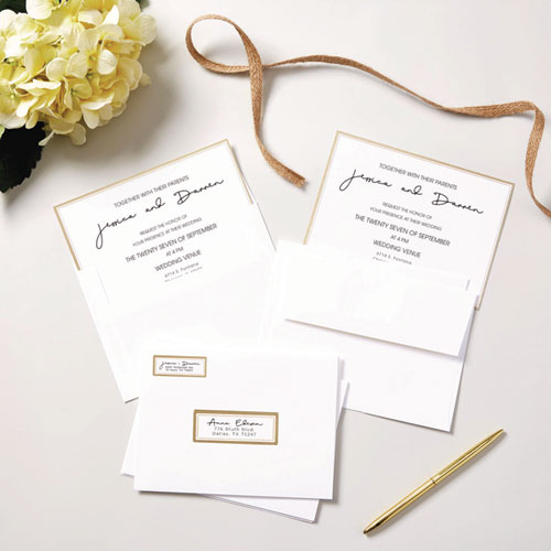 Invitation Cards with Metallic Border, Inkjet/Laser, 80 lb, 5 x 7, Matte White, 2 Cards/Sheet, 15 Sheets/Pack