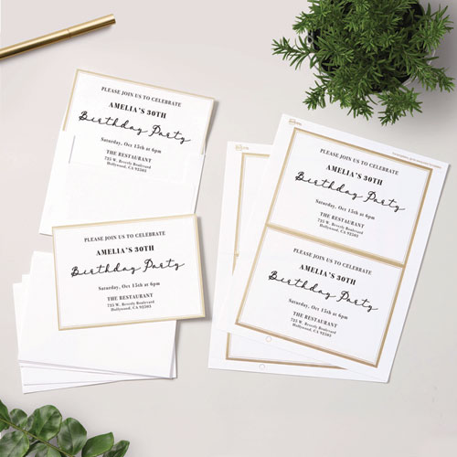 Invitation Cards with Metallic Border, Inkjet/Laser, 80 lb, 5 x 7, Matte White, 2 Cards/Sheet, 15 Sheets/Pack