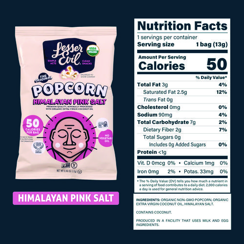 Himalayan Pink Salt Organic Popcorn, Salt, 0.46 oz Bag, 24/Carton