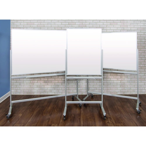 Mobile Magnetic Glass Dry Erase Board, 60" x 40", White Surface, Silver Aluminum Frame