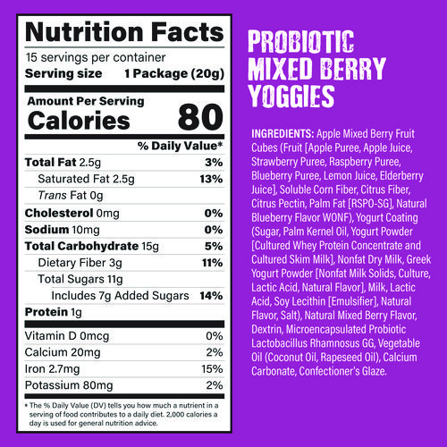 Probiotic Yoggies Variety Snack Pack, Assorted Flavors, 0.7 oz Bag, 30/Carton