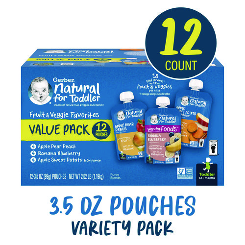 Natural Baby Food Pouches for Toddler 12+ Months, Assorted Flavors, 3.5 oz Pouch, 12/Carton