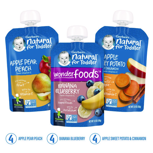 Natural Baby Food Pouches for Toddler 12+ Months, Assorted Flavors, 3.5 oz Pouch, 12/Carton