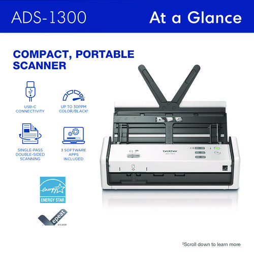 ADS-1300 Compact Desktop Scanner, 600 dpi x 600 dpi Optical Resolution, 20-Sheet Duplex Auto Document Feeder