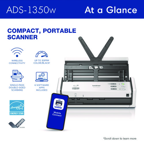 ADS-1350W Compact Desktop Scanner, 600 dpi x 600 dpi Optical Resolution, 20-Sheet Duplex Auto Document Feeder