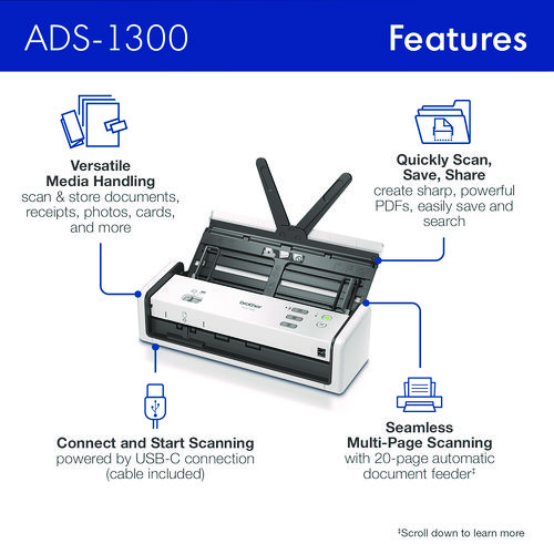 ADS-1300 Compact Desktop Scanner, 600 dpi x 600 dpi Optical Resolution, 20-Sheet Duplex Auto Document Feeder