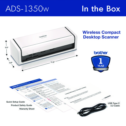 ADS-1350W Compact Desktop Scanner, 600 dpi x 600 dpi Optical Resolution, 20-Sheet Duplex Auto Document Feeder