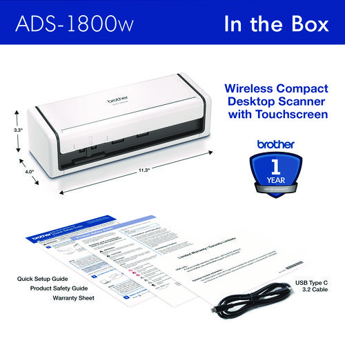 ADS-1800W Compact Desktop Scanner, 600 dpi x 600 dpi Optical Resolution, 20-Sheet Duplex Auto Document Feeder