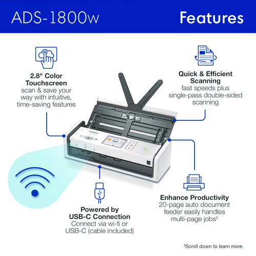 ADS-1800W Compact Desktop Scanner, 600 dpi x 600 dpi Optical Resolution, 20-Sheet Duplex Auto Document Feeder