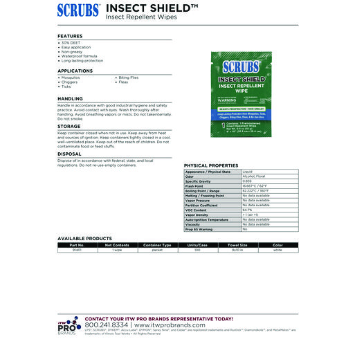 Insect Shield Insect Repellent Wipes, 8 x 10, Floral, 100/Carton