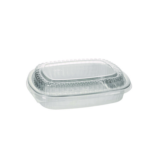 Classic Carry-Out Container with PET Dome Lid, 46 oz, 9.8 x 7.8 x 1.3, Silver/Clear, Aluminum, 50/Carton