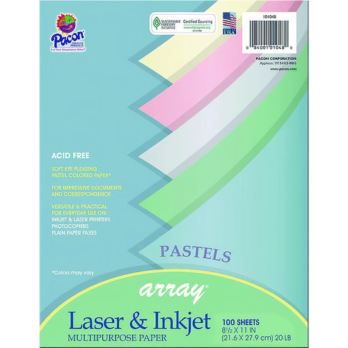 Array Colored Bond Paper, 20 lb Bond Weight, 8.5 x 11, Assorted Pastel Colors, 100/Pack