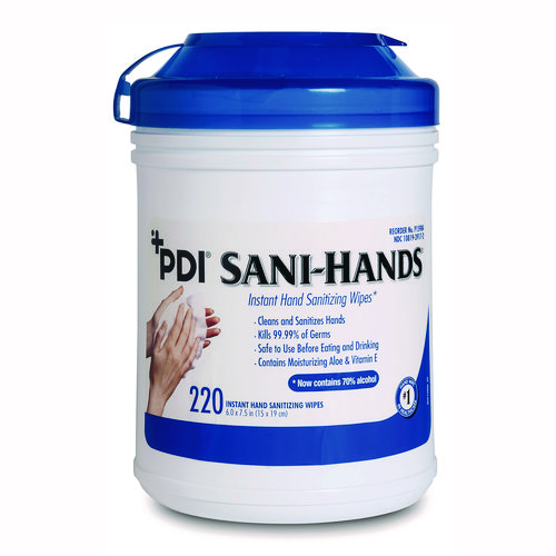 PDI Sani-Hands Instant Hand Sanitizing Wipes, 7.5 x 6, Unscented, White, 220/Canister, 6 Canisters/Carton