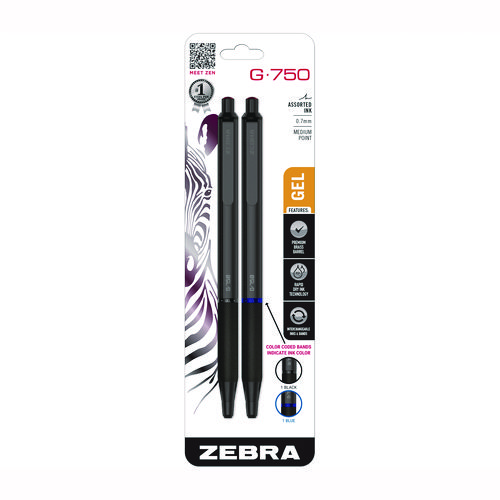 G-750 Gel Pen, Retractable, Medium 0.7 mm, Black; Blue Ink, Black Barrel, 2/Pack