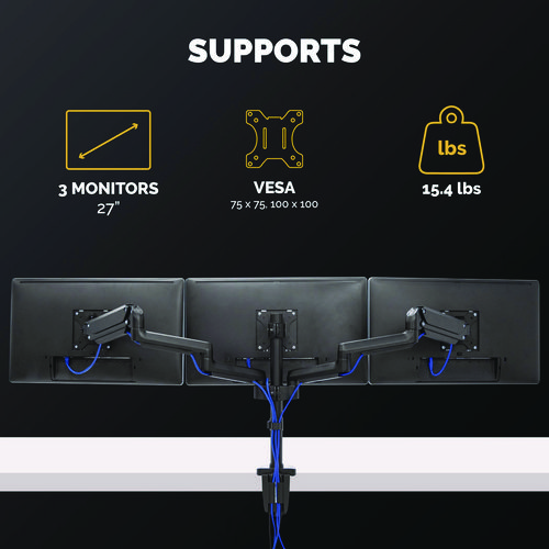 Platinum Series Triple Monitor Arm for 27" Monitors, 360 deg Rotation, +85/-20 deg Tilt, 360 deg Pan, Black, Supports 20 lb