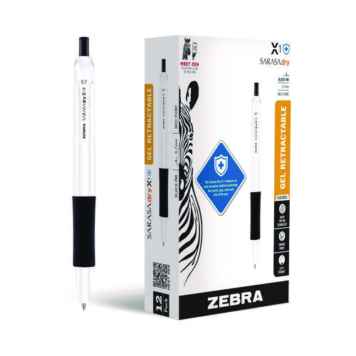 Sarasa Dry X1+ Gel Pen, Retractable, Medium 0.7 mm, Black Ink, White/Black Barrel, 12/Pack