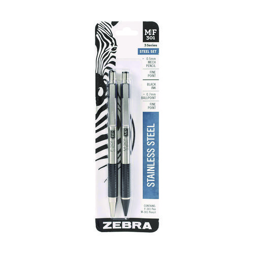 M/F 301 Stainless Steel Retractable Pen and Pencil Set, 0.7 mm Black Pen, 0.5 mm HB Pencil, Stainless Steel Barrels