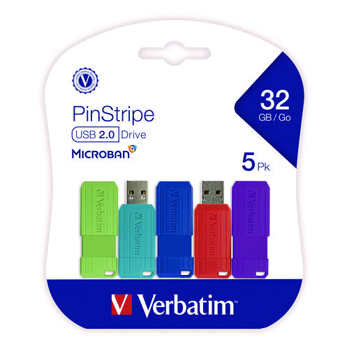 PinStripe USB 3.2 Flash Drive, 32 GB, Assorted Colors, 5/Pack