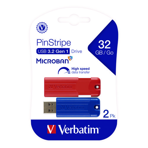 PinStripe USB 3.2 Flash Drive, 32 GB, Blue/Red, 2/Pack