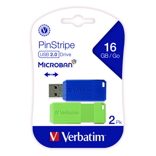 PinStripe USB 2.0 Flash Drive, 16 GB, Blue/Green, 2/Pack