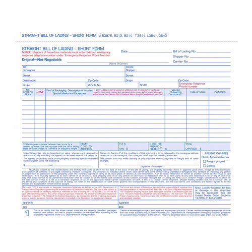 Bill of Lading - Short Form for Up to Ten Articles, Three-Part Carbonless, 8.5 x 6.94, 50 Forms Total