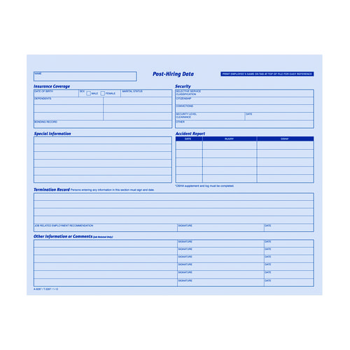 Employee Personnel File Jacket, Unpunched, Straight Tab, Letter Size, Blue, 20/Pack