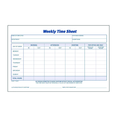 Time Sheets, One Part (No Copies), 8.5 x 5.5, 100 Forms/Pad, 2 Pads/Pack