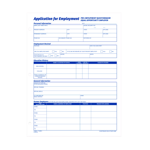 Employment Applications, One-Part (No Copies), 11 x 8.38, 50 Forms/Pad, 2 Pads/Pack