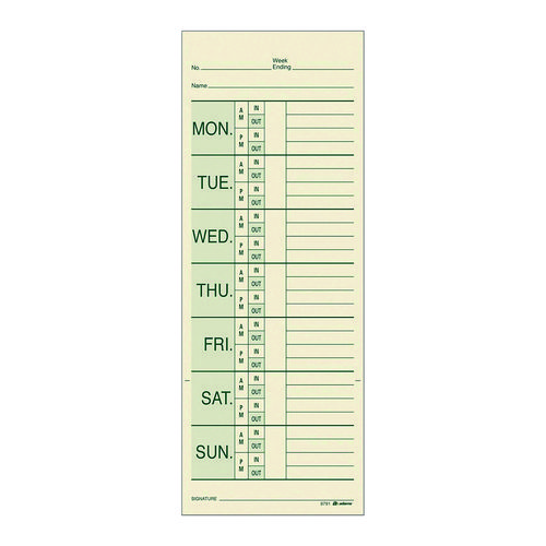 Time Cards for Pyramid 1000 Time Clock, Two Sides, 3.38" x 9", 200/Pack