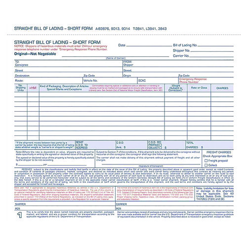 Bill of Lading - Short Form for Up to Ten Articles, Three-Part Carbonless, 8.5 x 6.94, 250 Forms Total