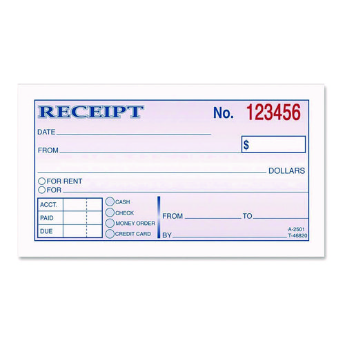 Money/Rent Receipt Book, Two-Part Carbonless, 4.88 x 2.75, 50 Forms Total