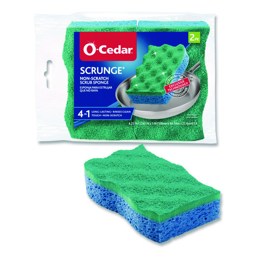 Scrunge Non-Scratch Scrub Sponge, 2.63" x 4.25", 1" Thick, Green/Blue, 2/Pack