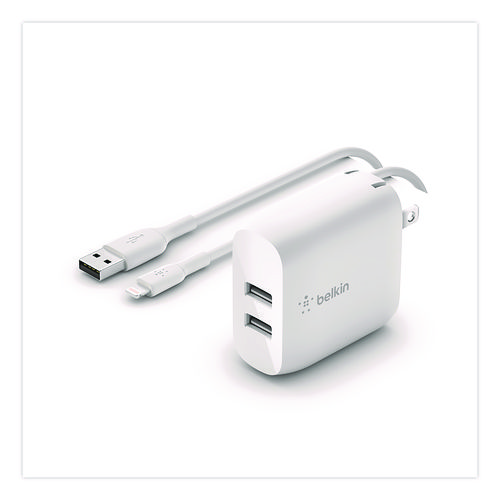 BOOST CHARGE Dual USB-A Wall Charger + Lightning to USB-A Cable, White