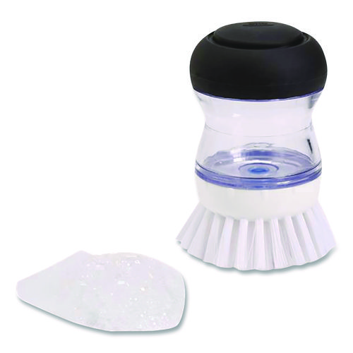 Good Grips Soap Dispensing Palm Brush, Whie Nylon Bristles, 4" Brush, Clear/Black Handle