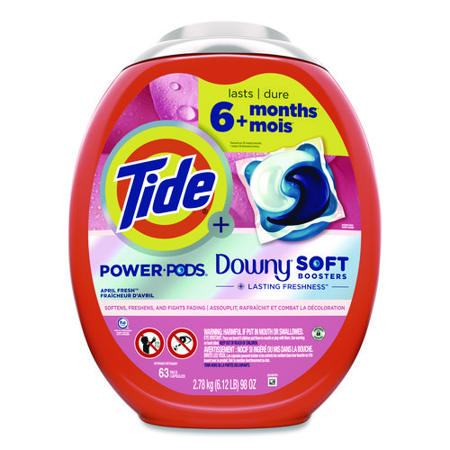 Power PODS Plus Downy Laundry Detergent, April Fresh Scent, 98 oz Tub, 63 Pods/Tub