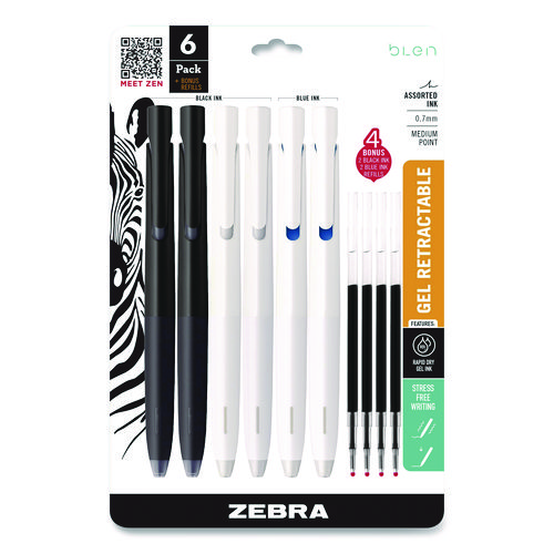 bLen Gel Pen, Medium 0.7 mm, Black; Blue Ink, White; Black Barrel, 6/Pack