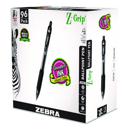 Z-Grip Ballpoint Pen, Retractable, Medium, 1 mm, Black Ink, Clear/Black Barrel, 96/Pack