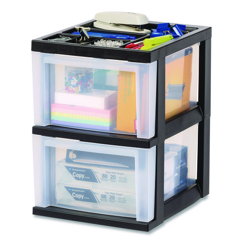 2-Compartment Desktop Stackable Storage Drawer, 12.17 x 14.33 x 16.77, Black/Translucent White