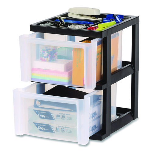 2-Compartment Desktop Stackable Storage Drawer, 12.17 x 14.33 x 16.77, Black/Translucent White