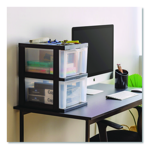 2-Compartment Desktop Stackable Storage Drawer, 12.17 x 14.33 x 16.77, Black/Translucent White