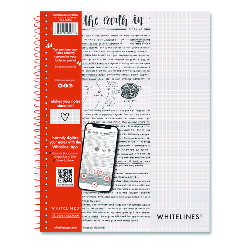 Whitelines Notebook. Quadrille Rule, (5 sq/in), Gray/Orange Cover, (70) 11 x 8.5 Sheets