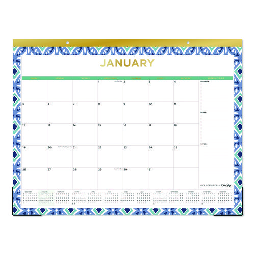 Tile Desk Pad Calendar, Geometric Artwork, 22 x 17, White Sheets, Gold Headband, Clear Corners, 12-Month (Jan to Dec): 2025