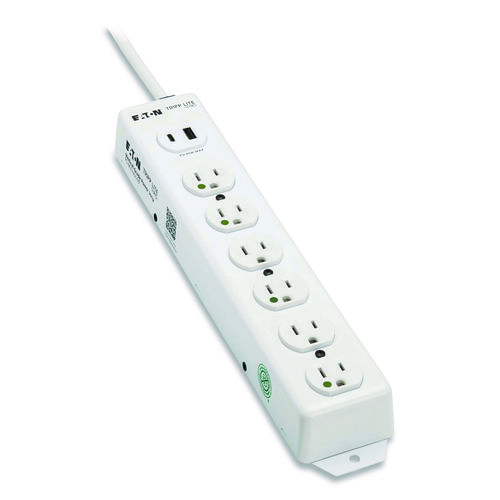 Safe-IT Medical-Grade Power Strip with Antimicrobial Protection, 6 Hospital-Grade Outlets, USB Charging, 2 ft Cord, White