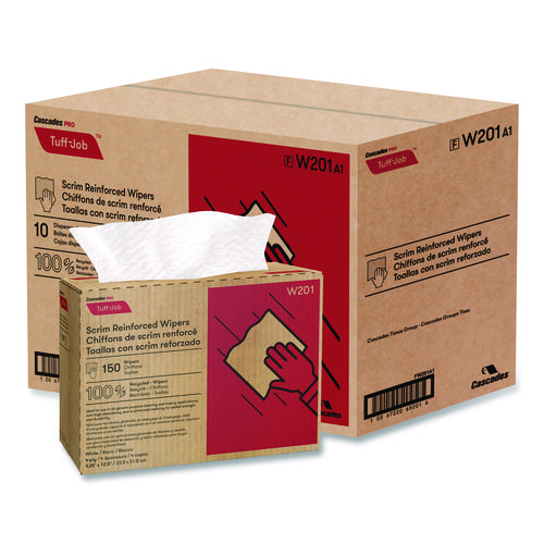 Tuff-Job Scrim Reinforced Wipers, 4-Ply, 9.25 x 12.5, White, 150/Box, 10 Boxes/Carton