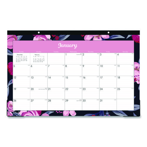 Mimi Pink Desk Pad Calendar, Floral Artwork, 17 x 11, White/Pink/Black Sheets, Black Headband, 12-Month (Jan to Dec): 2025