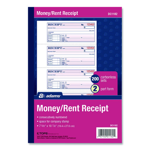 Money/Rent Receipt Book, Two-Part Carbonless, 7.13 x 2.75, 200 Forms Total