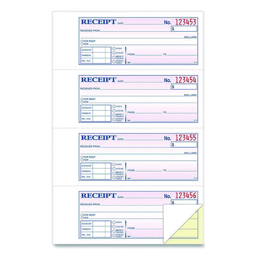 Money/Rent Receipt Book, Two-Part Carbonless, 7.13 x 2.75, 200 Forms Total